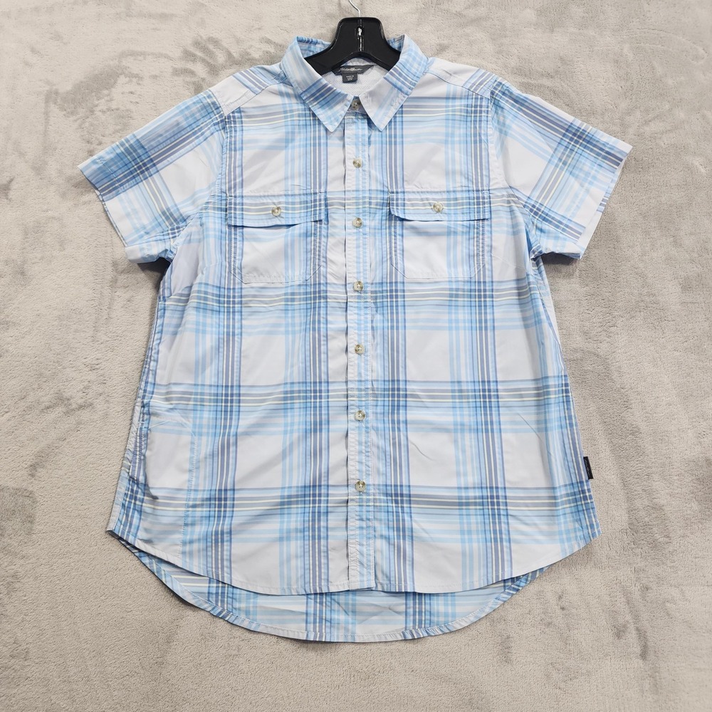 Eddie Bauer Shirt Womens M Blue Plaid Button Front Short Sleeve Lightweight
